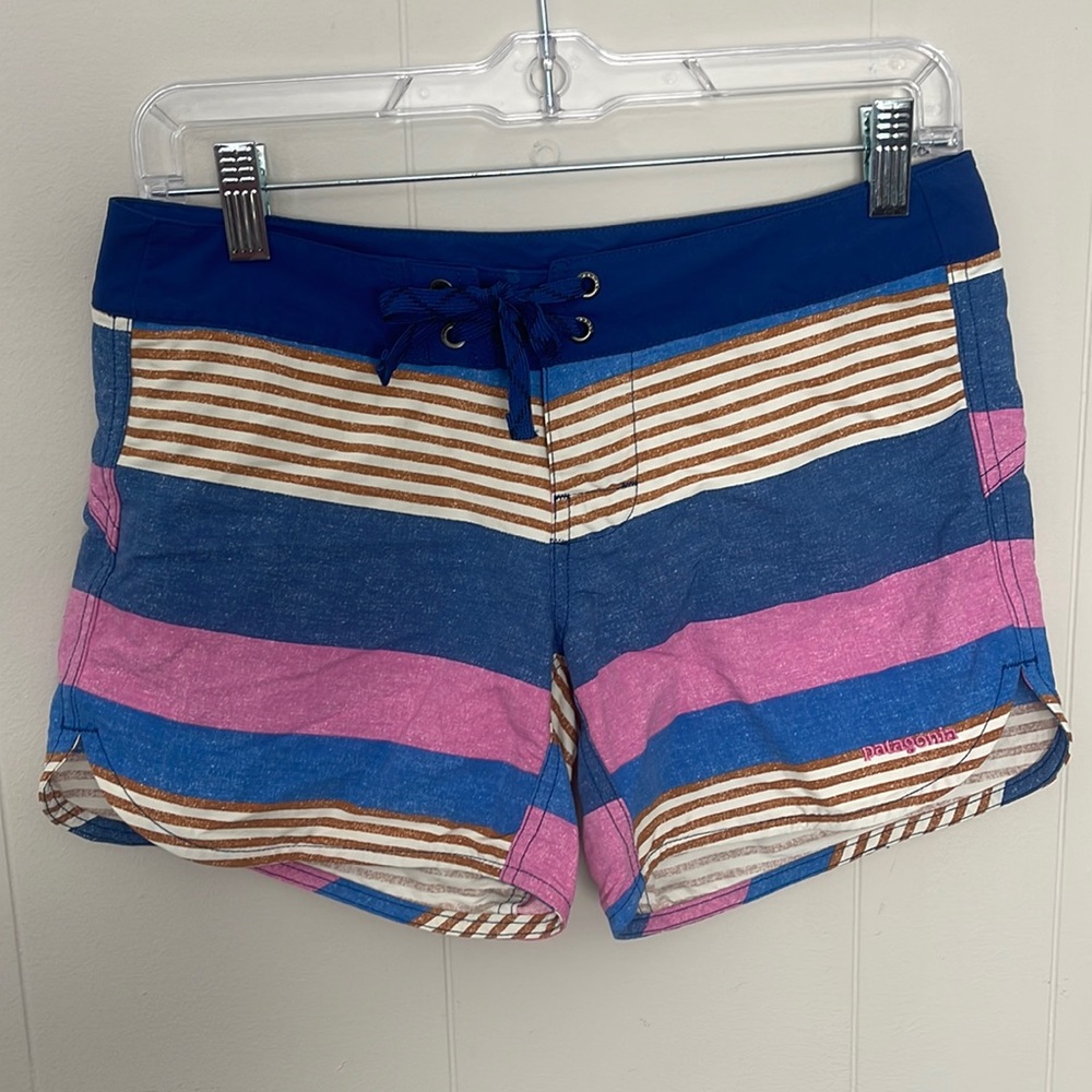 Patagonia Blue, Pink & Brown Striped Athletic Shorts